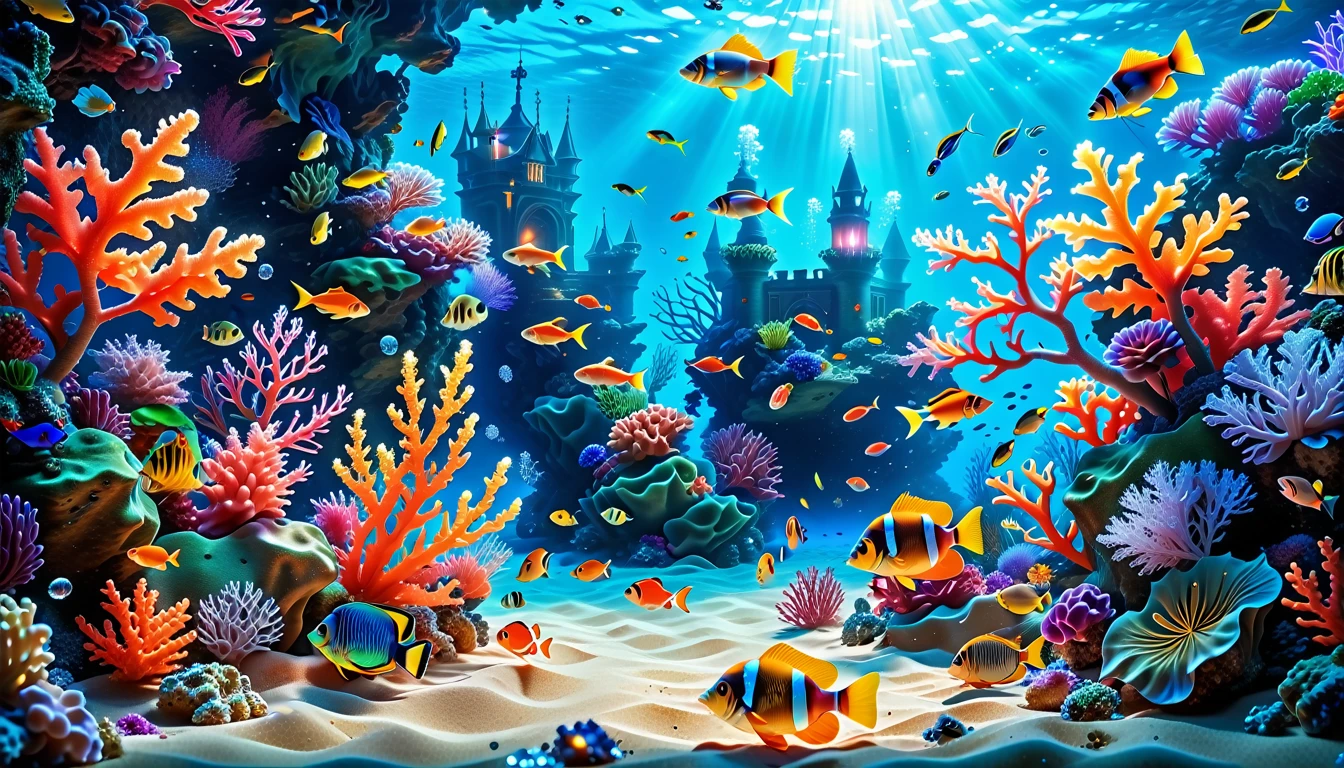 A Masterpiece In 32K Resolution, Supreme Quality, Super Detail, Official Art, Very High-Resolution 32K Wallpaper, Mystical And Surreal, Ultra-Detailed Features, Oceanic Splendor. A Vibrant Coral Reef Teems With Life, As Schools Of Colorful Fish Swim Gracefully Through Crystal-Clear Waters. Sunlight Filters Down From The Surface, Creating A Dance Of Light And Shadows. In The Background, An Ethereal Underwater Castle Emerges From The Sand, Adorned With Bioluminescent Plants That Illuminate The Depths.