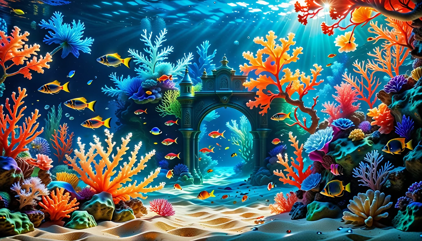 A Masterpiece In 32K Resolution, Supreme Quality, Super Detail, Official Art, Very High-Resolution 32K Wallpaper, Mystical And Surreal, Ultra-Detailed Features, Oceanic Splendor. A Vibrant Coral Reef Teems With Life, As Schools Of Colorful Fish Swim Gracefully Through Crystal-Clear Waters. Sunlight Filters Down From The Surface, Creating A Dance Of Light And Shadows. In The Background, An Ethereal Underwater Castle Emerges From The Sand, Adorned With Bioluminescent Plants That Illuminate The Depths.