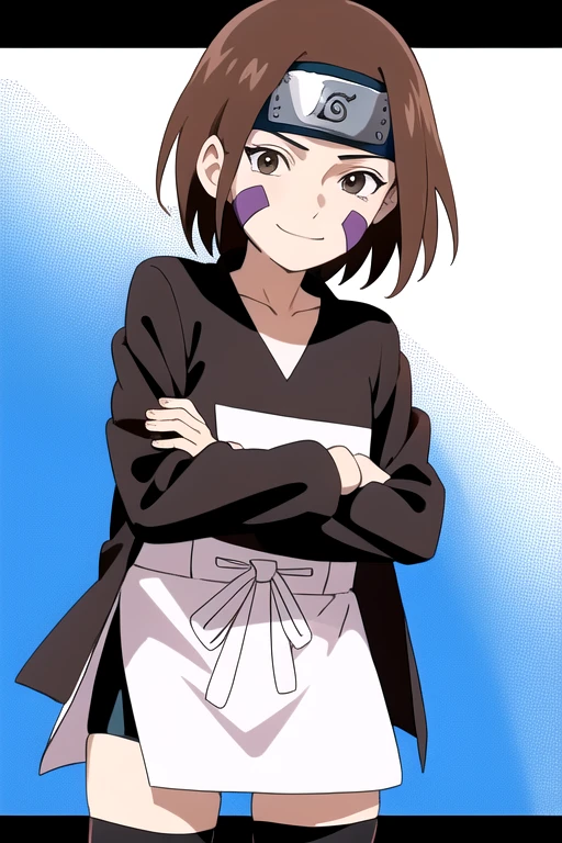 1girl, solo, brown hair, brown eyes, waist apron, short hair, forehead protector, smile, black shirt, facial mark, full body, long sleeves, bracelet, konohagakure symbol, headband, sandals, collarbone, bike tiny shorts, bangs, thighhighs, bandages,anime screencap, full body, crossed arms, toeless footwear,black thighhighs,