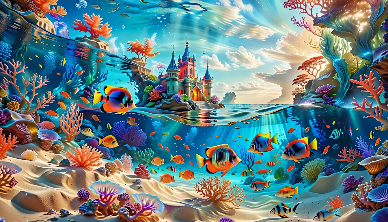 A Masterpiece In 32K Resolution, Supreme Quality, Super Detail, Official Art, Very High-Resolution 32K Wallpaper, Mystical And Surreal, Ultra-Detailed Features, Oceanic Splendor. A Vibrant Coral Reef Teems With Life, As Schools Of Colorful Fish Swim Gracefully Through Crystal-Clear Waters. Sunlight Filters Down From The Surface, Creating A Dance Of Light And Shadows. In The Background, An Ethereal Underwater Castle Emerges From The Sand, Adorned With Bioluminescent Plants That Illuminate The Depths.