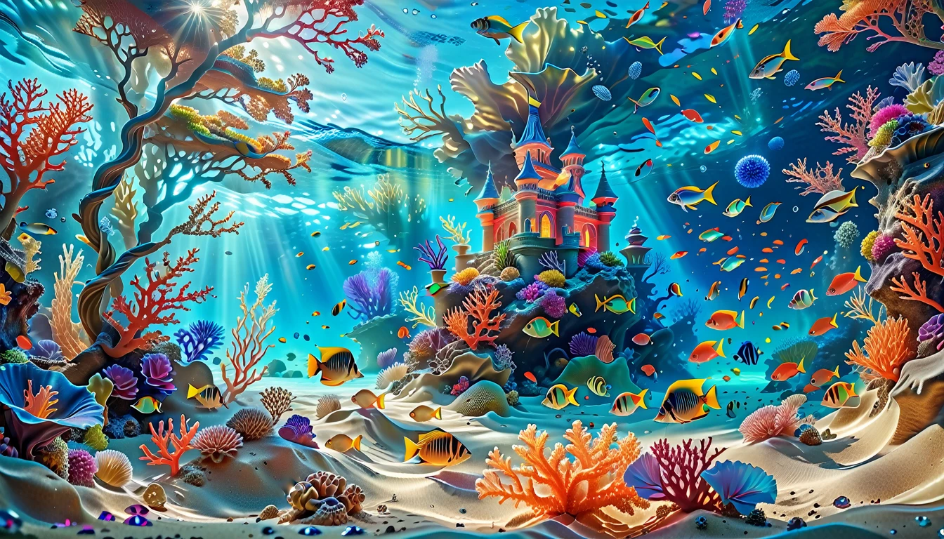 A Masterpiece In 32K Resolution, Supreme Quality, Super Detail, Official Art, Very High-Resolution 32K Wallpaper, Mystical And Surreal, Ultra-Detailed Features, Oceanic Splendor. A Vibrant Coral Reef Teems With Life, As Schools Of Colorful Fish Swim Gracefully Through Crystal-Clear Waters. Sunlight Filters Down From The Surface, Creating A Dance Of Light And Shadows. In The Background, An Ethereal Underwater Castle Emerges From The Sand, Adorned With Bioluminescent Plants That Illuminate The Depths.