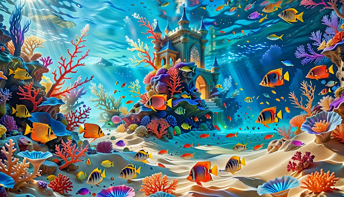 A Masterpiece In 32K Resolution, Supreme Quality, Super Detail, Official Art, Very High-Resolution 32K Wallpaper, Mystical And Surreal, Ultra-Detailed Features, Oceanic Splendor. A Vibrant Coral Reef Teems With Life, As Schools Of Colorful Fish Swim Gracefully Through Crystal-Clear Waters. Sunlight Filters Down From The Surface, Creating A Dance Of Light And Shadows. In The Background, An Ethereal Underwater Castle Emerges From The Sand, Adorned With Bioluminescent Plants That Illuminate The Depths.