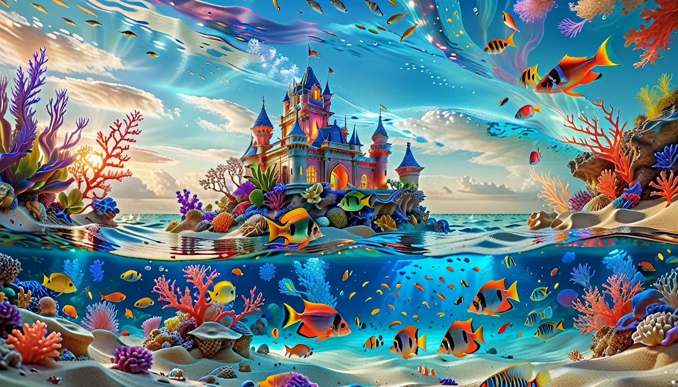 A Masterpiece In 32K Resolution, Supreme Quality, Super Detail, Official Art, Very High-Resolution 32K Wallpaper, Mystical And Surreal, Ultra-Detailed Features, Oceanic Splendor. A Vibrant Coral Reef Teems With Life, As Schools Of Colorful Fish Swim Gracefully Through Crystal-Clear Waters. Sunlight Filters Down From The Surface, Creating A Dance Of Light And Shadows. In The Background, An Ethereal Underwater Castle Emerges From The Sand, Adorned With Bioluminescent Plants That Illuminate The Depths.