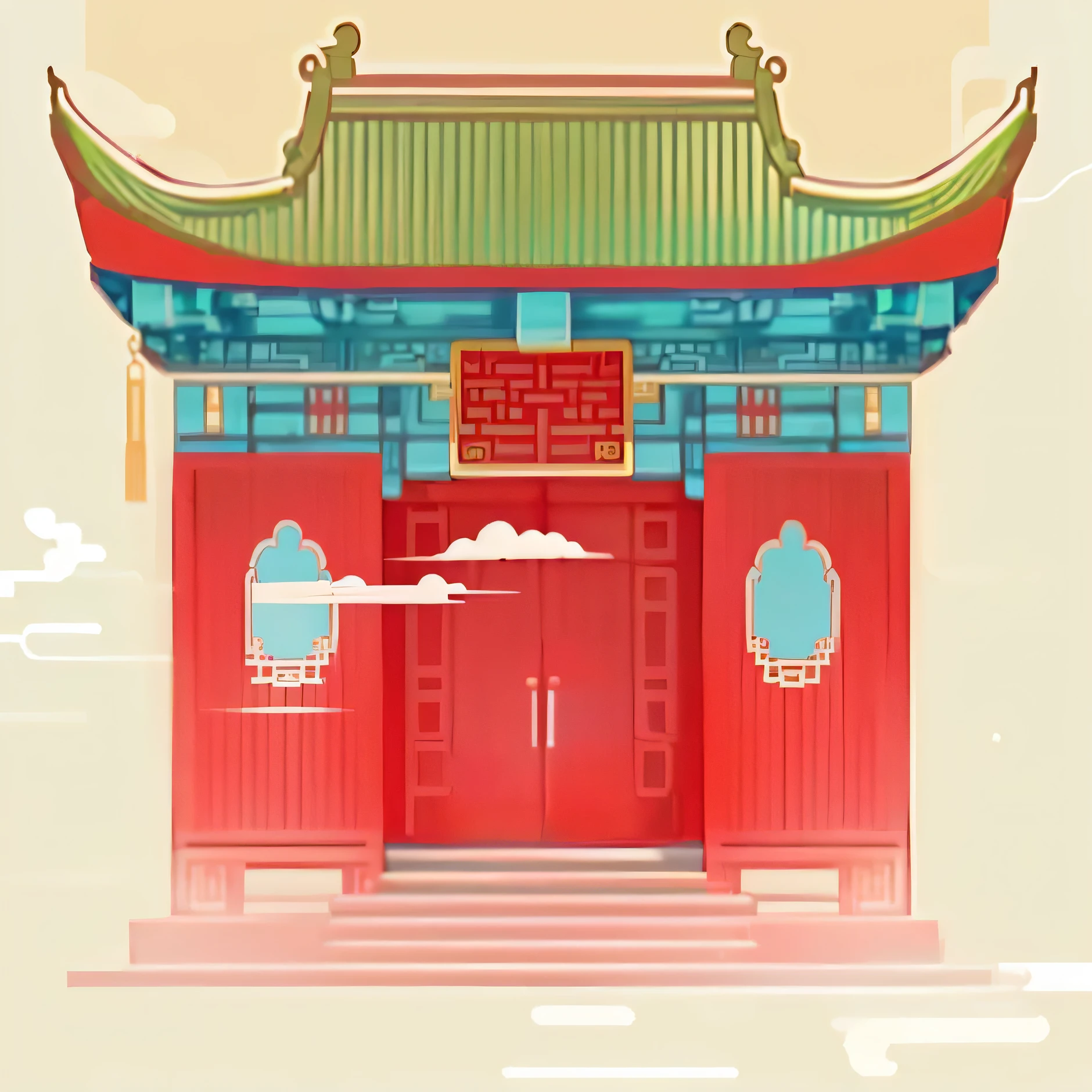 A cartoon illustration of Chinese architecture,A bird flies over it, fantasy sticker illustration, stickers illustrations, temple background, Chinese style buildings, chinese palace, Taoist temples and monks, chinese temple, background depicting a temple, Cloud Palace, palace floating in the sky, die - cut sticker, floating palace, Tang Dynasty Palace, shenzhen, cyberpunk chinese ancient castle, palace background