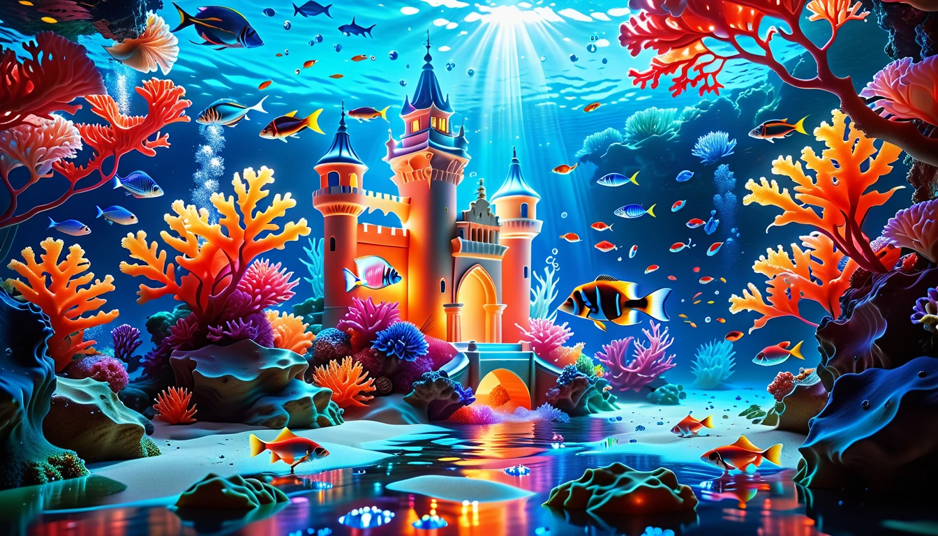 A Masterpiece In 32K Resolution, Supreme Quality, Super Detail, Official Art, Very High-Resolution 32K Wallpaper, Mystical And Surreal, Ultra-Detailed Features, Oceanic Splendor. A Vibrant Coral Reef Teems With Life, As Schools Of Colorful Fish Swim Gracefully Through Crystal-Clear Waters. Sunlight Filters Down From The Surface, Creating A Dance Of Light And Shadows. In The Background, An Ethereal Underwater Castle Emerges From The Sand, Adorned With Bioluminescent Plants That Illuminate The Depths.