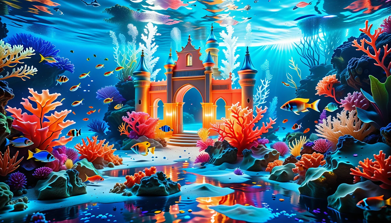 A Masterpiece In 32K Resolution, Supreme Quality, Super Detail, Official Art, Very High-Resolution 32K Wallpaper, Mystical And Surreal, Ultra-Detailed Features, Oceanic Splendor. A Vibrant Coral Reef Teems With Life, As Schools Of Colorful Fish Swim Gracefully Through Crystal-Clear Waters. Sunlight Filters Down From The Surface, Creating A Dance Of Light And Shadows. In The Background, An Ethereal Underwater Castle Emerges From The Sand, Adorned With Bioluminescent Plants That Illuminate The Depths.