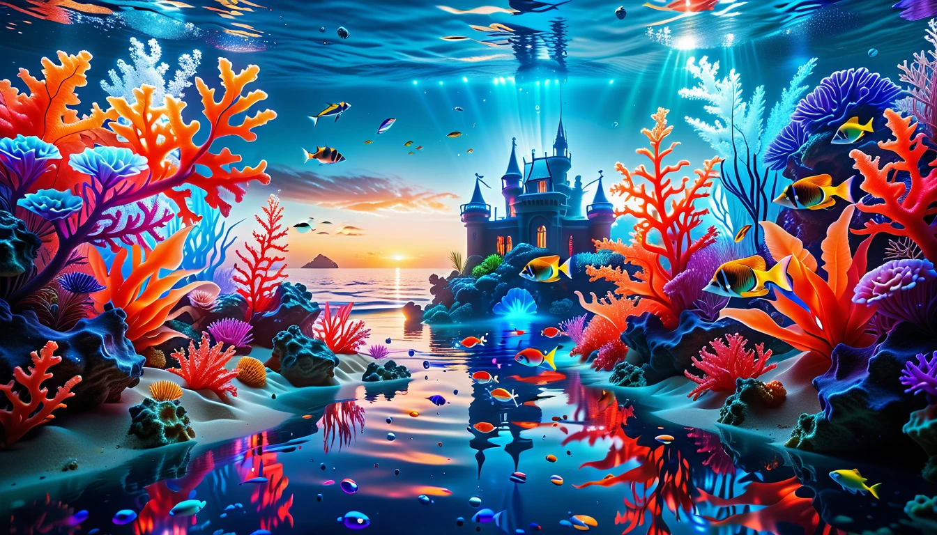 A Masterpiece In 32K Resolution, Supreme Quality, Super Detail, Official Art, Very High-Resolution 32K Wallpaper, Mystical And Surreal, Ultra-Detailed Features, Oceanic Splendor. A Vibrant Coral Reef Teems With Life, As Schools Of Colorful Fish Swim Gracefully Through Crystal-Clear Waters. Sunlight Filters Down From The Surface, Creating A Dance Of Light And Shadows. In The Background, An Ethereal Underwater Castle Emerges From The Sand, Adorned With Bioluminescent Plants That Illuminate The Depths.