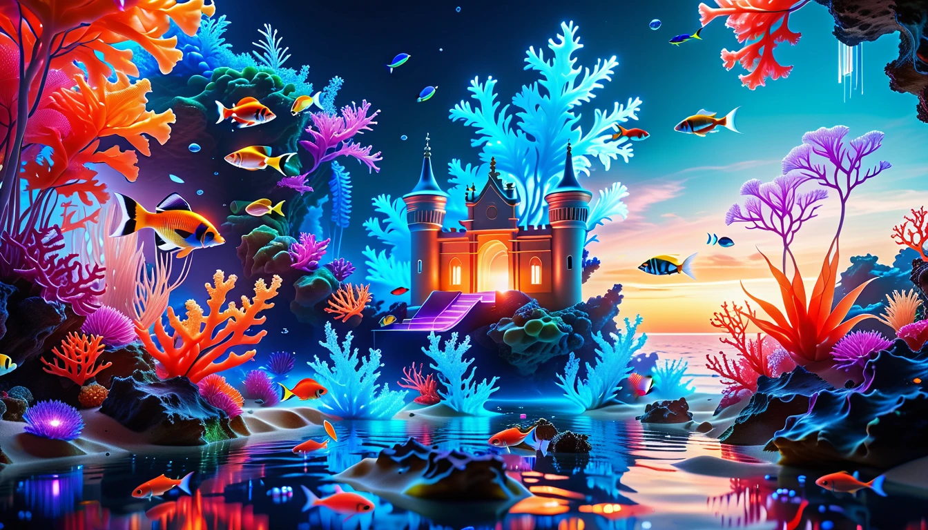 A Masterpiece In 32K Resolution, Supreme Quality, Super Detail, Official Art, Very High-Resolution 32K Wallpaper, Mystical And Surreal, Ultra-Detailed Features, Oceanic Splendor. A Vibrant Coral Reef Teems With Life, As Schools Of Colorful Fish Swim Gracefully Through Crystal-Clear Waters. Sunlight Filters Down From The Surface, Creating A Dance Of Light And Shadows. In The Background, An Ethereal Underwater Castle Emerges From The Sand, Adorned With Bioluminescent Plants That Illuminate The Depths.