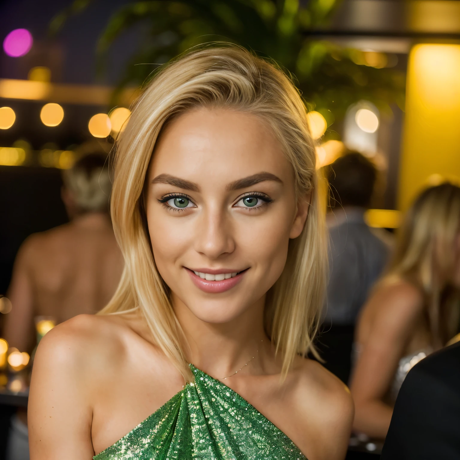 , masteriece, best quality, realistic, a woman, light eyes, shiny skin, Lace blouse, <lora:quiron_NathalyCherie_v2_Lycoris:1>, NathalyCherieQuiron,, ,realistic,intricate detailed, flash photography, realistic, amazing photo of a pretty woman wearing construction worker clothes, , at blurred background crowded nightclub party background,