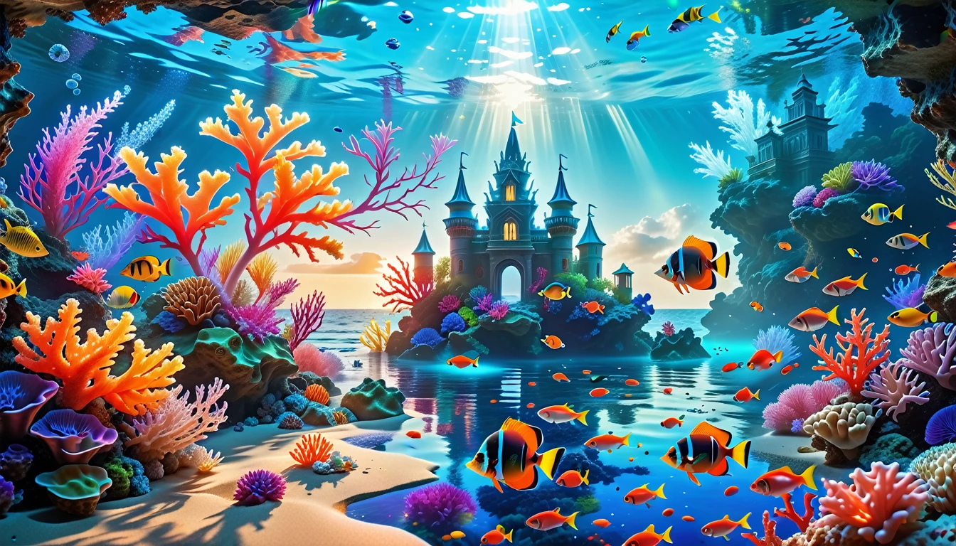 A Masterpiece In 32K Resolution, Supreme Quality, Super Detail, Official Art, Very High-Resolution 32K Wallpaper, Mystical And Surreal, Ultra-Detailed Features, Oceanic Splendor. A Vibrant Coral Reef Teems With Life, As Schools Of Colorful Fish Swim Gracefully Through Crystal-Clear Waters. Sunlight Filters Down From The Surface, Creating A Dance Of Light And Shadows. In The Background, An Ethereal Underwater Castle Emerges From The Sand, Adorned With Bioluminescent Plants That Illuminate The Depths.