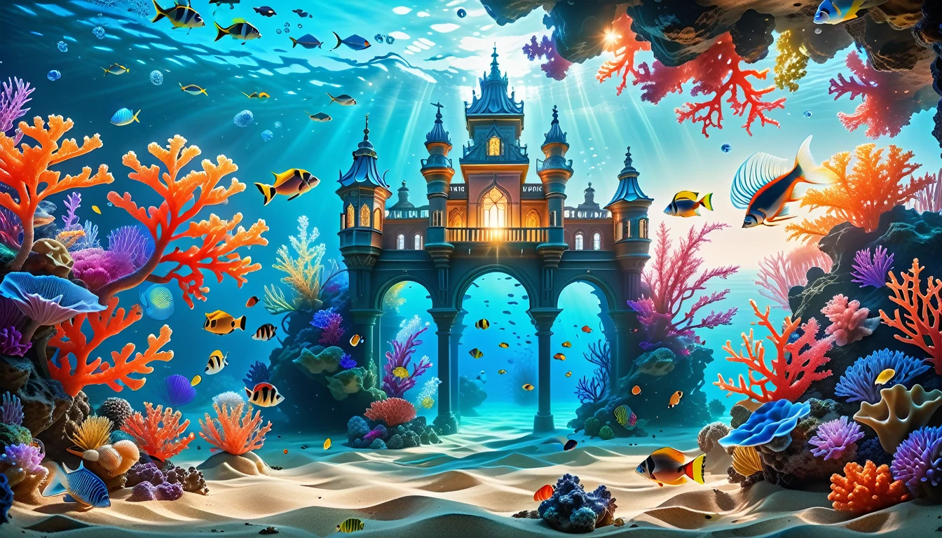 A Masterpiece In 32K Resolution, Supreme Quality, Super Detail, Official Art, Very High-Resolution 32K Wallpaper, Mystical And Surreal, Ultra-Detailed Features, Oceanic Splendor. A Vibrant Coral Reef Teems With Life, As Schools Of Colorful Fish Swim Gracefully Through Crystal-Clear Waters. Sunlight Filters Down From The Surface, Creating A Dance Of Light And Shadows. In The Background, An Ethereal Underwater Castle Emerges From The Sand, Adorned With Bioluminescent Plants That Illuminate The Depths.