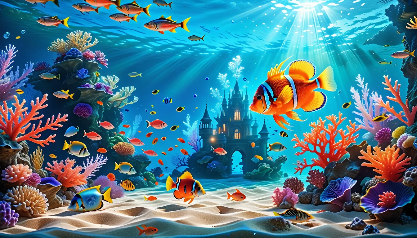 A Masterpiece In 32K Resolution, Supreme Quality, Super Detail, Official Art, Very High-Resolution 32K Wallpaper, Mystical And Surreal, Ultra-Detailed Features, Oceanic Splendor. A Vibrant Coral Reef Teems With Life, As Schools Of Colorful Fish Swim Gracefully Through Crystal-Clear Waters. Sunlight Filters Down From The Surface, Creating A Dance Of Light And Shadows. In The Background, An Ethereal Underwater Castle Emerges From The Sand, Adorned With Bioluminescent Plants That Illuminate The Depths.