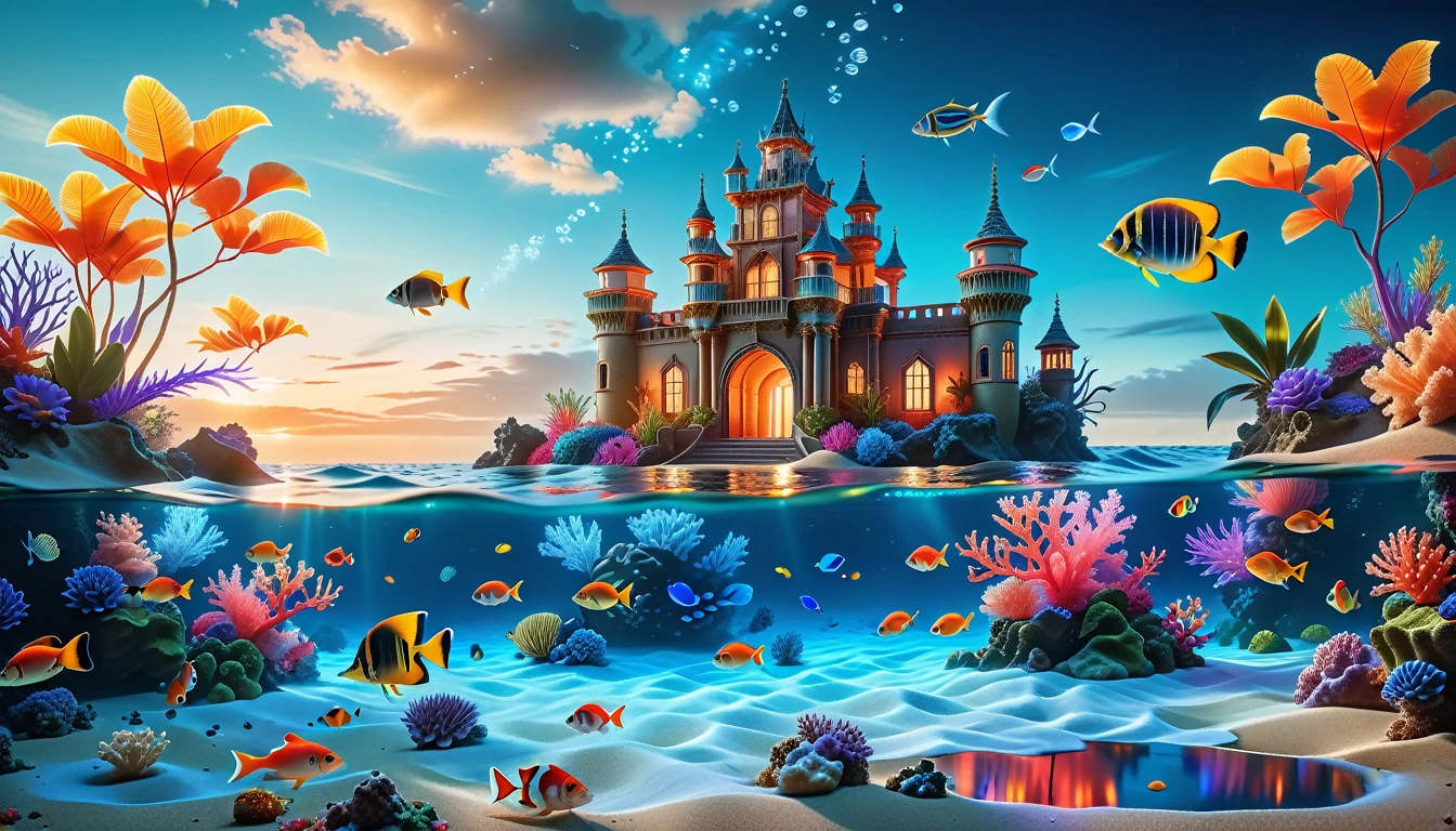 A Masterpiece In 32K Resolution, Supreme Quality, Super Detail, Official Art, Very High-Resolution 32K Wallpaper, Mystical And Surreal, Ultra-Detailed Features, Oceanic Splendor. A Vibrant Coral Reef Teems With Life, As Schools Of Colorful Fish Swim Gracefully Through Crystal-Clear Waters. Sunlight Filters Down From The Surface, Creating A Dance Of Light And Shadows. In The Background, An Ethereal Underwater Castle Emerges From The Sand, Adorned With Bioluminescent Plants That Illuminate The Depths.