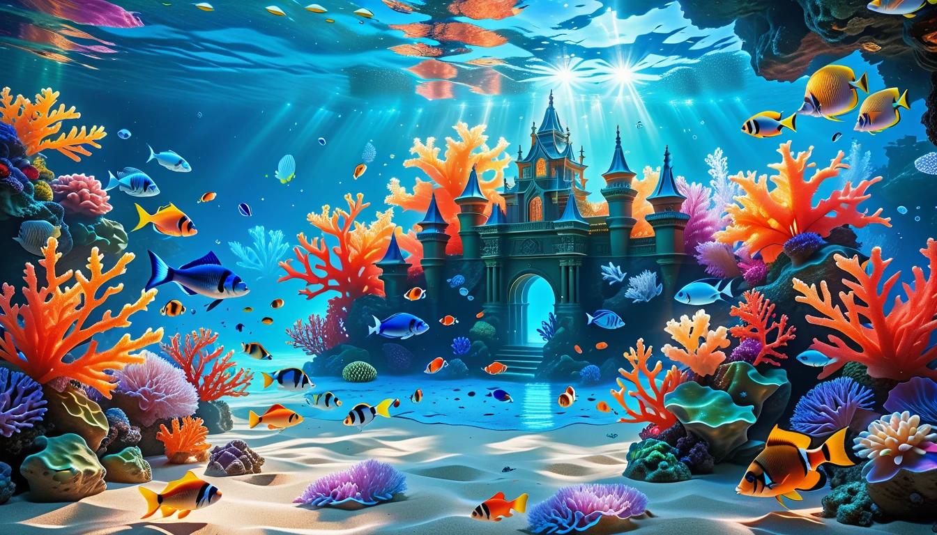 A Masterpiece In 32K Resolution, Supreme Quality, Super Detail, Official Art, Very High-Resolution 32K Wallpaper, Mystical And Surreal, Ultra-Detailed Features, Oceanic Splendor. A Vibrant Coral Reef Teems With Life, As Schools Of Colorful Fish Swim Gracefully Through Crystal-Clear Waters. Sunlight Filters Down From The Surface, Creating A Dance Of Light And Shadows. In The Background, An Ethereal Underwater Castle Emerges From The Sand, Adorned With Bioluminescent Plants That Illuminate The Depths.