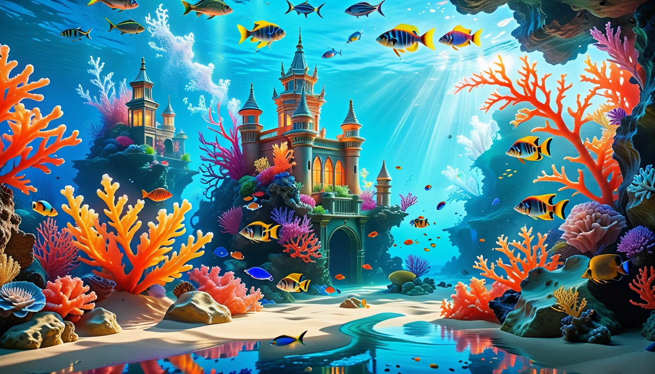 A Masterpiece In 32K Resolution, Supreme Quality, Super Detail, Official Art, Very High-Resolution 32K Wallpaper, Mystical And Surreal, Ultra-Detailed Features, Oceanic Splendor. A Vibrant Coral Reef Teems With Life, As Schools Of Colorful Fish Swim Gracefully Through Crystal-Clear Waters. Sunlight Filters Down From The Surface, Creating A Dance Of Light And Shadows. In The Background, An Ethereal Underwater Castle Emerges From The Sand, Adorned With Bioluminescent Plants That Illuminate The Depths.