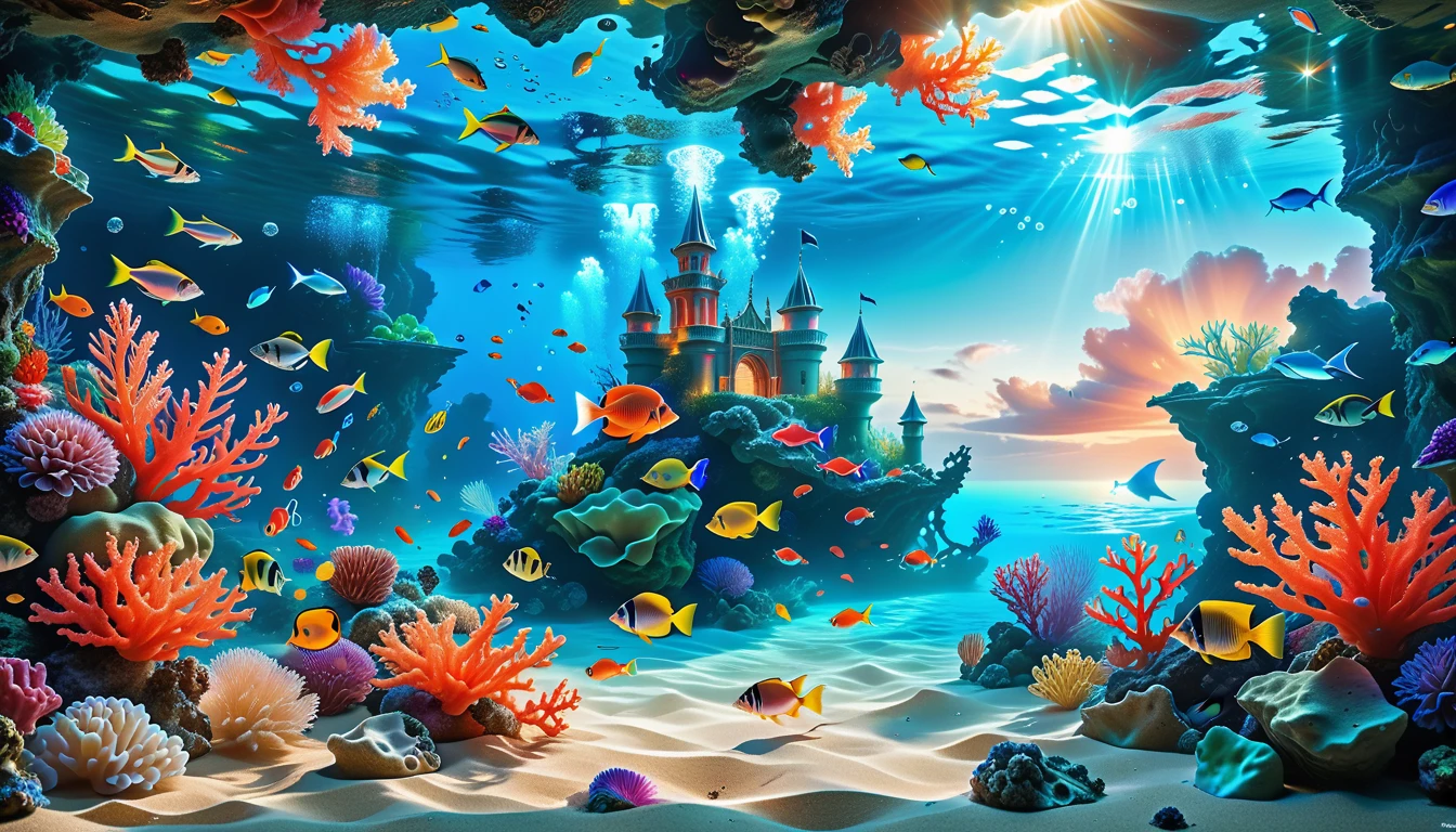 A Masterpiece In 32K Resolution, Supreme Quality, Super Detail, Official Art, Very High-Resolution 32K Wallpaper, Mystical And Surreal, Ultra-Detailed Features, Oceanic Splendor. A Vibrant Coral Reef Teems With Life, As Schools Of Colorful Fish Swim Gracefully Through Crystal-Clear Waters. Sunlight Filters Down From The Surface, Creating A Dance Of Light And Shadows. In The Background, An Ethereal Underwater Castle Emerges From The Sand, Adorned With Bioluminescent Plants That Illuminate The Depths.