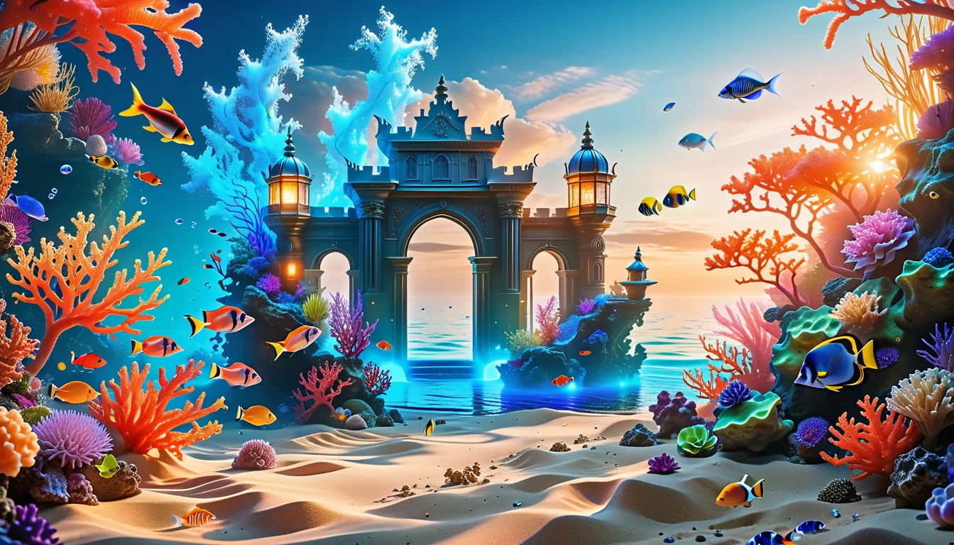 A Masterpiece In 32K Resolution, Supreme Quality, Super Detail, Official Art, Very High-Resolution 32K Wallpaper, Mystical And Surreal, Ultra-Detailed Features, Oceanic Splendor. A Vibrant Coral Reef Teems With Life, As Schools Of Colorful Fish Swim Gracefully Through Crystal-Clear Waters. Sunlight Filters Down From The Surface, Creating A Dance Of Light And Shadows. In The Background, An Ethereal Underwater Castle Emerges From The Sand, Adorned With Bioluminescent Plants That Illuminate The Depths.