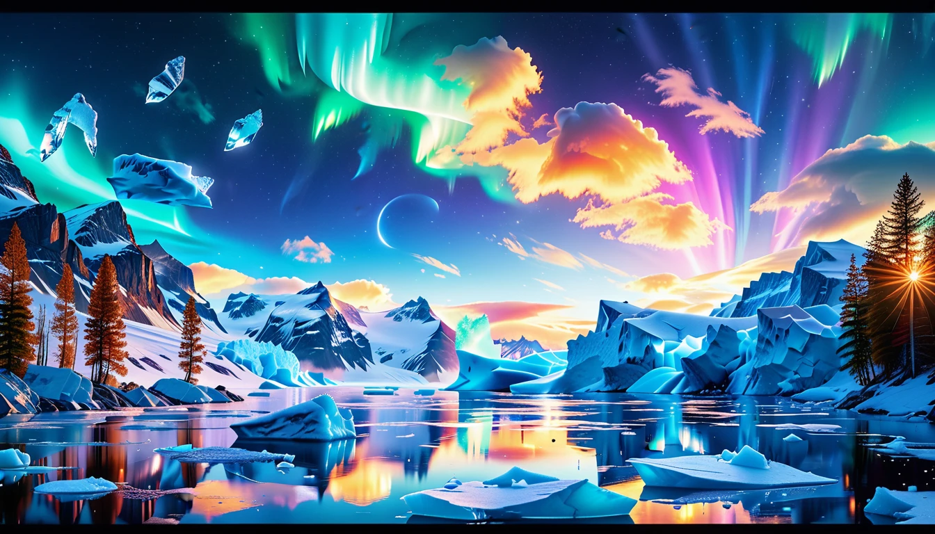 A Masterpiece In 32K Resolution, Supreme Quality, Super Detail, Official Art, Very High-Resolution 32K Wallpaper, Icy And Enigmatic, Ultra-Detailed Features, Winter Wonderland. Towering Icebergs Rise Majestically From A Serene, Frozen Lake, Reflecting The Dazzling Colors Of The Northern Lights Above. Snowflakes Swirl Through The Air, While A Cozy Cabin With Smoke Curling From Its Chimney Sits Nestled Among Snow-Covered Pines. In The Distance, Ancient Glaciers Shimmer Under The Moonlight, Creating A Magical Ambiance.