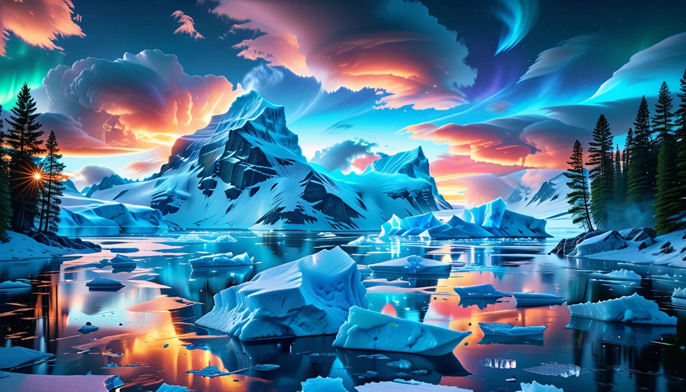 A Masterpiece In 32K Resolution, Supreme Quality, Super Detail, Official Art, Very High-Resolution 32K Wallpaper, Icy And Enigmatic, Ultra-Detailed Features, Winter Wonderland. Towering Icebergs Rise Majestically From A Serene, Frozen Lake, Reflecting The Dazzling Colors Of The Northern Lights Above. Snowflakes Swirl Through The Air, While A Cozy Cabin With Smoke Curling From Its Chimney Sits Nestled Among Snow-Covered Pines. In The Distance, Ancient Glaciers Shimmer Under The Moonlight, Creating A Magical Ambiance.