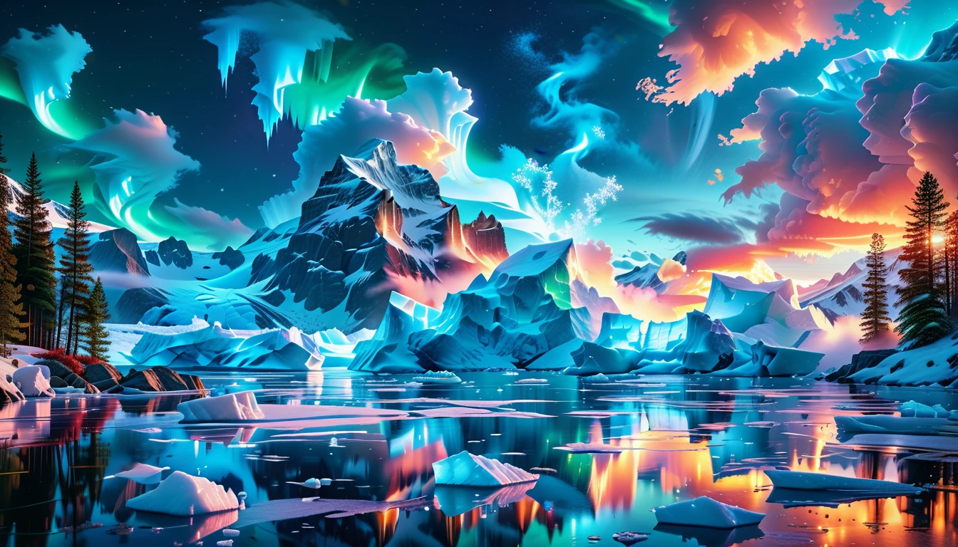 A Masterpiece In 32K Resolution, Supreme Quality, Super Detail, Official Art, Very High-Resolution 32K Wallpaper, Icy And Enigmatic, Ultra-Detailed Features, Winter Wonderland. Towering Icebergs Rise Majestically From A Serene, Frozen Lake, Reflecting The Dazzling Colors Of The Northern Lights Above. Snowflakes Swirl Through The Air, While A Cozy Cabin With Smoke Curling From Its Chimney Sits Nestled Among Snow-Covered Pines. In The Distance, Ancient Glaciers Shimmer Under The Moonlight, Creating A Magical Ambiance.