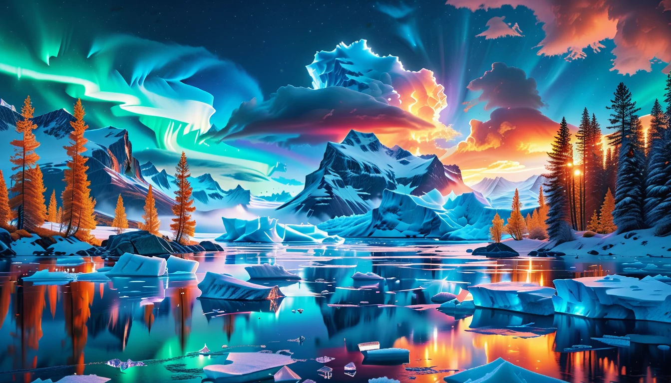 A Masterpiece In 32K Resolution, Supreme Quality, Super Detail, Official Art, Very High-Resolution 32K Wallpaper, Icy And Enigmatic, Ultra-Detailed Features, Winter Wonderland. Towering Icebergs Rise Majestically From A Serene, Frozen Lake, Reflecting The Dazzling Colors Of The Northern Lights Above. Snowflakes Swirl Through The Air, While A Cozy Cabin With Smoke Curling From Its Chimney Sits Nestled Among Snow-Covered Pines. In The Distance, Ancient Glaciers Shimmer Under The Moonlight, Creating A Magical Ambiance.