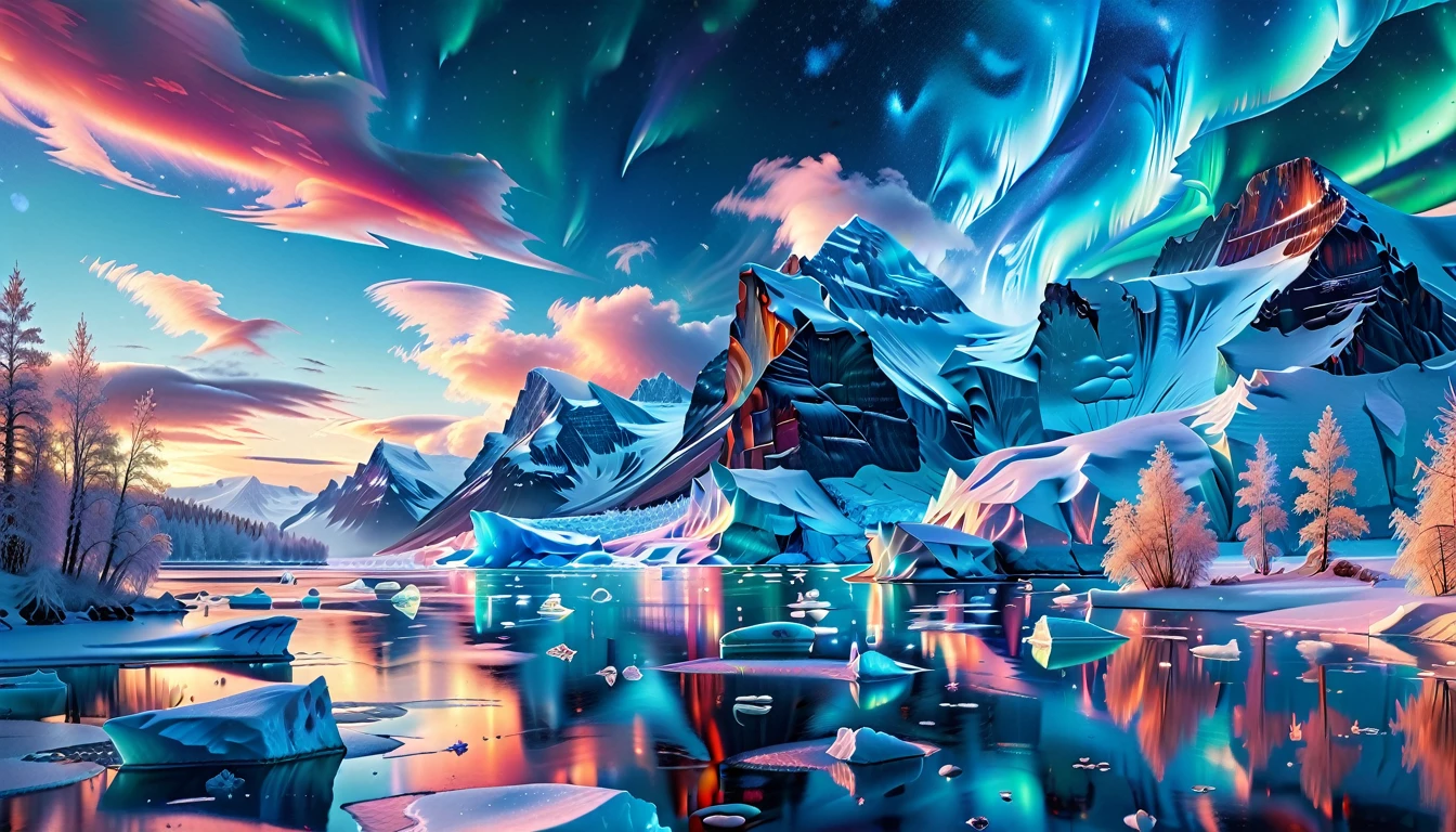 A Masterpiece In 32K Resolution, Supreme Quality, Super Detail, Official Art, Very High-Resolution 32K Wallpaper, Icy And Enigmatic, Ultra-Detailed Features, Winter Wonderland. Towering Icebergs Rise Majestically From A Serene, Frozen Lake, Reflecting The Dazzling Colors Of The Northern Lights Above. Snowflakes Swirl Through The Air, While A Cozy Cabin With Smoke Curling From Its Chimney Sits Nestled Among Snow-Covered Pines. In The Distance, Ancient Glaciers Shimmer Under The Moonlight, Creating A Magical Ambiance.