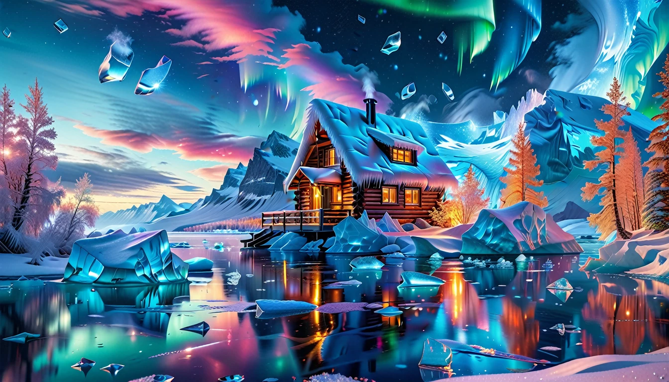 A Masterpiece In 32K Resolution, Supreme Quality, Super Detail, Official Art, Very High-Resolution 32K Wallpaper, Icy And Enigmatic, Ultra-Detailed Features, Winter Wonderland. Towering Icebergs Rise Majestically From A Serene, Frozen Lake, Reflecting The Dazzling Colors Of The Northern Lights Above. Snowflakes Swirl Through The Air, While A Cozy Cabin With Smoke Curling From Its Chimney Sits Nestled Among Snow-Covered Pines. In The Distance, Ancient Glaciers Shimmer Under The Moonlight, Creating A Magical Ambiance.