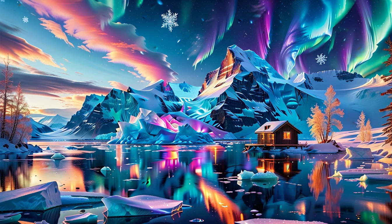 A Masterpiece In 32K Resolution, Supreme Quality, Super Detail, Official Art, Very High-Resolution 32K Wallpaper, Icy And Enigmatic, Ultra-Detailed Features, Winter Wonderland. Towering Icebergs Rise Majestically From A Serene, Frozen Lake, Reflecting The Dazzling Colors Of The Northern Lights Above. Snowflakes Swirl Through The Air, While A Cozy Cabin With Smoke Curling From Its Chimney Sits Nestled Among Snow-Covered Pines. In The Distance, Ancient Glaciers Shimmer Under The Moonlight, Creating A Magical Ambiance.