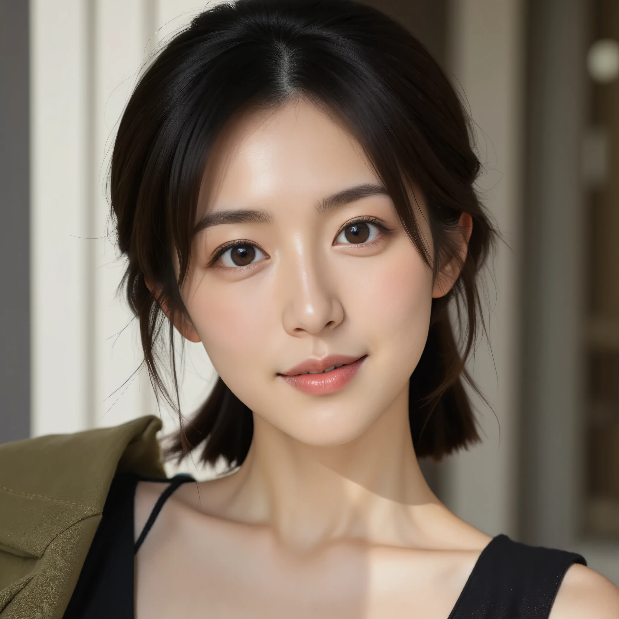 A close-up portrait of an East Asian woman with natural lighting. She has soft, delicate features and her hair is tied in a loose braid, with a few strands falling over her face. She wears a black tank top with an olive-green jacket draped over her shoulders. The background is softly blurred, bringing attention to her relaxed, slightly tilted pose and warm, gentle expression. The lighting creates a soft shadow, highlighting the natural beauty of her face.
