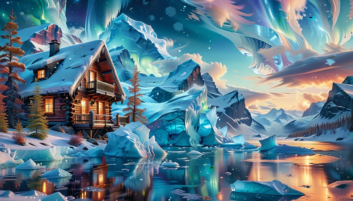 A Masterpiece In 32K Resolution, Supreme Quality, Super Detail, Official Art, Very High-Resolution 32K Wallpaper, Icy And Enigmatic, Ultra-Detailed Features, Winter Wonderland. Towering Icebergs Rise Majestically From A Serene, Frozen Lake, Reflecting The Dazzling Colors Of The Northern Lights Above. Snowflakes Swirl Through The Air, While A Cozy Cabin With Smoke Curling From Its Chimney Sits Nestled Among Snow-Covered Pines. In The Distance, Ancient Glaciers Shimmer Under The Moonlight, Creating A Magical Ambiance.