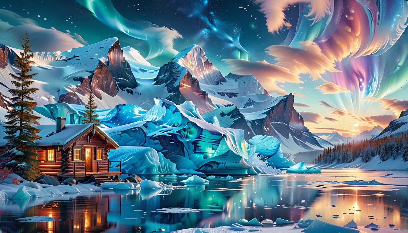 A Masterpiece In 32K Resolution, Supreme Quality, Super Detail, Official Art, Very High-Resolution 32K Wallpaper, Icy And Enigmatic, Ultra-Detailed Features, Winter Wonderland. Towering Icebergs Rise Majestically From A Serene, Frozen Lake, Reflecting The Dazzling Colors Of The Northern Lights Above. Snowflakes Swirl Through The Air, While A Cozy Cabin With Smoke Curling From Its Chimney Sits Nestled Among Snow-Covered Pines. In The Distance, Ancient Glaciers Shimmer Under The Moonlight, Creating A Magical Ambiance.