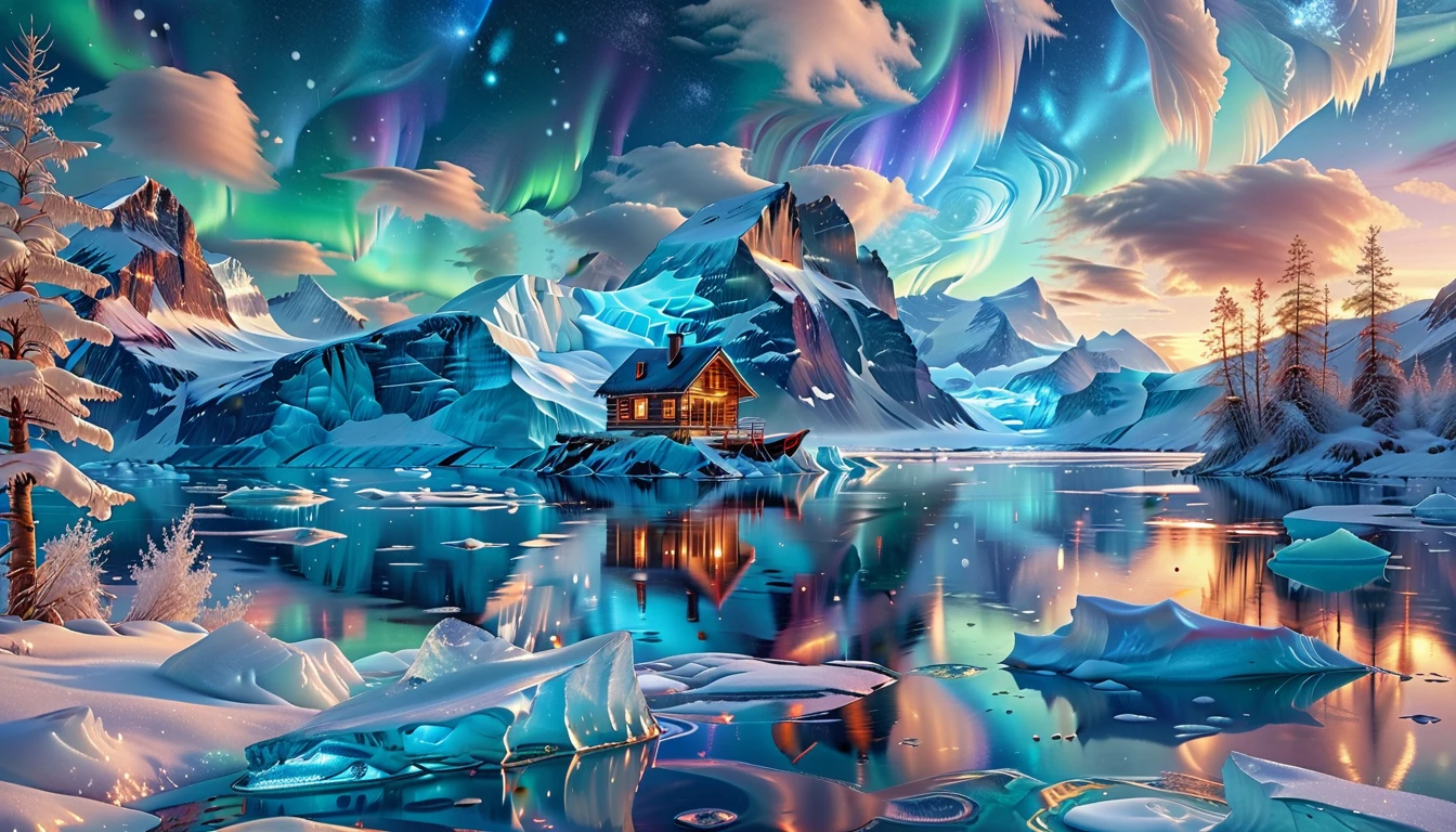 A Masterpiece In 32K Resolution, Supreme Quality, Super Detail, Official Art, Very High-Resolution 32K Wallpaper, Icy And Enigmatic, Ultra-Detailed Features, Winter Wonderland. Towering Icebergs Rise Majestically From A Serene, Frozen Lake, Reflecting The Dazzling Colors Of The Northern Lights Above. Snowflakes Swirl Through The Air, While A Cozy Cabin With Smoke Curling From Its Chimney Sits Nestled Among Snow-Covered Pines. In The Distance, Ancient Glaciers Shimmer Under The Moonlight, Creating A Magical Ambiance.