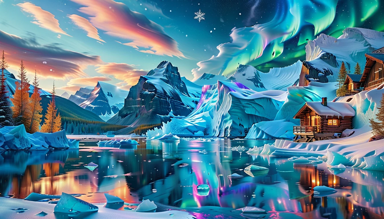 A Masterpiece In 32K Resolution, Supreme Quality, Super Detail, Official Art, Very High-Resolution 32K Wallpaper, Icy And Enigmatic, Ultra-Detailed Features, Winter Wonderland. Towering Icebergs Rise Majestically From A Serene, Frozen Lake, Reflecting The Dazzling Colors Of The Northern Lights Above. Snowflakes Swirl Through The Air, While A Cozy Cabin With Smoke Curling From Its Chimney Sits Nestled Among Snow-Covered Pines. In The Distance, Ancient Glaciers Shimmer Under The Moonlight, Creating A Magical Ambiance.