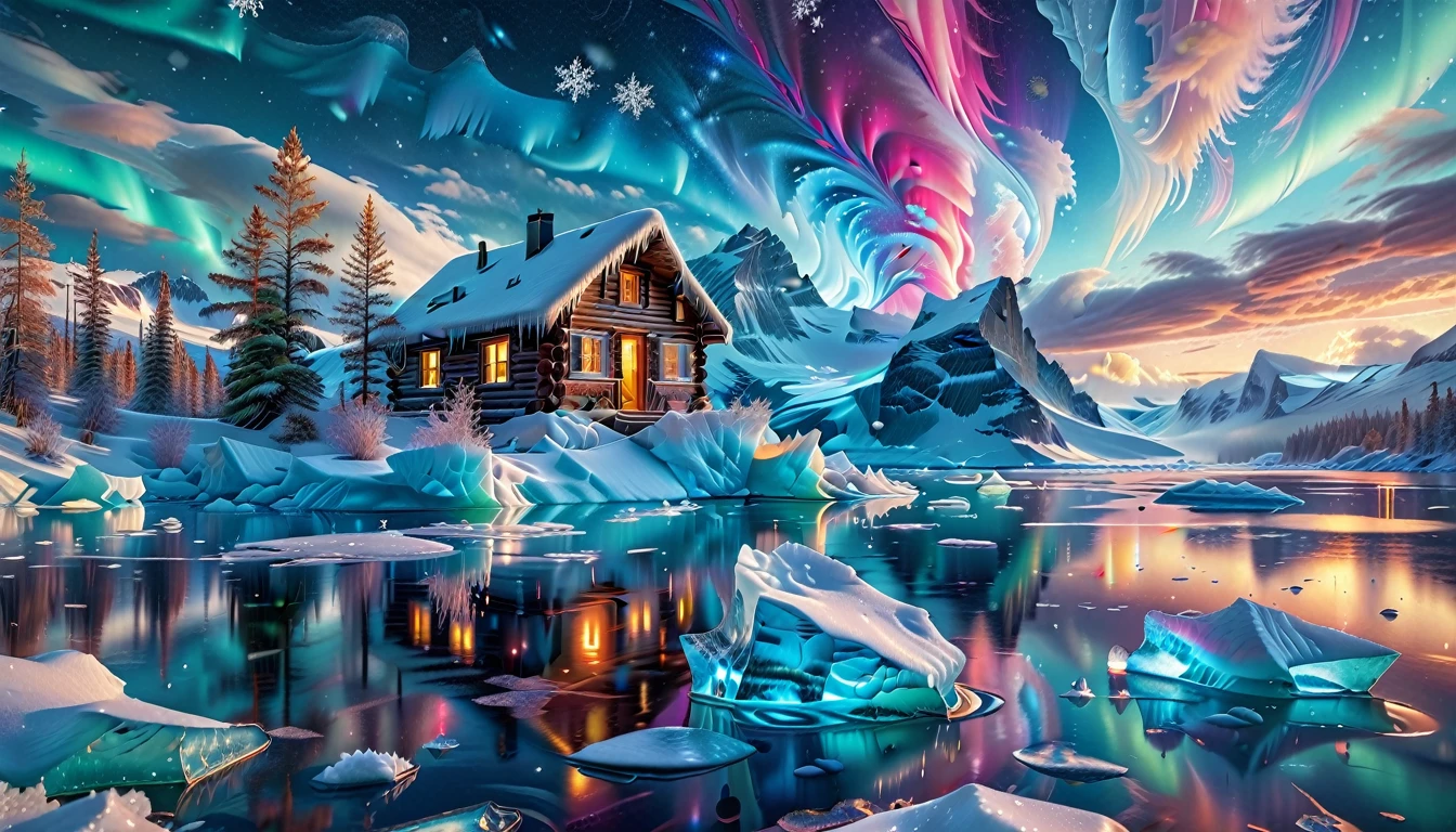 A Masterpiece In 32K Resolution, Supreme Quality, Super Detail, Official Art, Very High-Resolution 32K Wallpaper, Icy And Enigmatic, Ultra-Detailed Features, Winter Wonderland. Towering Icebergs Rise Majestically From A Serene, Frozen Lake, Reflecting The Dazzling Colors Of The Northern Lights Above. Snowflakes Swirl Through The Air, While A Cozy Cabin With Smoke Curling From Its Chimney Sits Nestled Among Snow-Covered Pines. In The Distance, Ancient Glaciers Shimmer Under The Moonlight, Creating A Magical Ambiance.