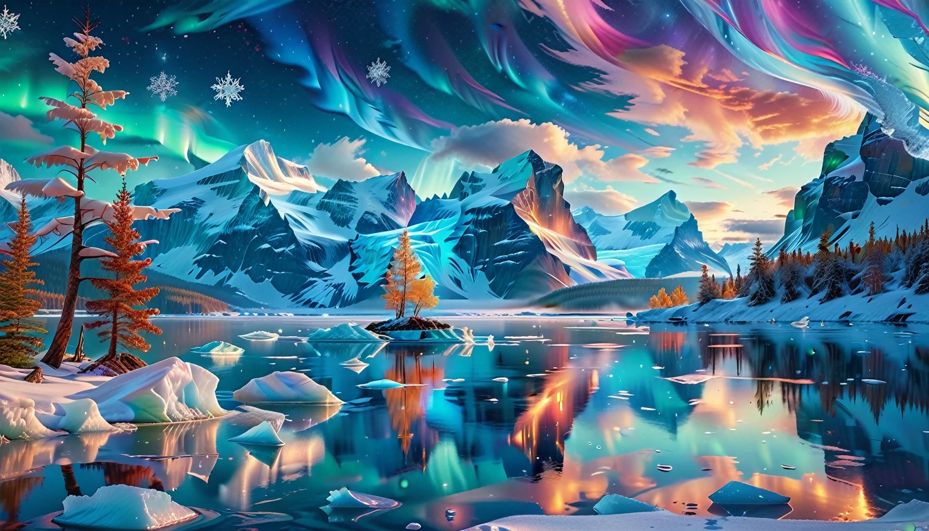 A Masterpiece In 32K Resolution, Supreme Quality, Super Detail, Official Art, Very High-Resolution 32K Wallpaper, Icy And Enigmatic, Ultra-Detailed Features, Winter Wonderland. Towering Icebergs Rise Majestically From A Serene, Frozen Lake, Reflecting The Dazzling Colors Of The Northern Lights Above. Snowflakes Swirl Through The Air, While A Cozy Cabin With Smoke Curling From Its Chimney Sits Nestled Among Snow-Covered Pines. In The Distance, Ancient Glaciers Shimmer Under The Moonlight, Creating A Magical Ambiance.