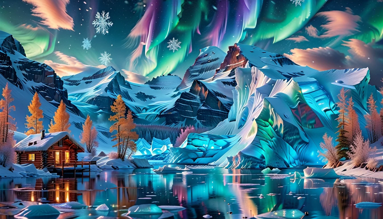 A Masterpiece In 32K Resolution, Supreme Quality, Super Detail, Official Art, Very High-Resolution 32K Wallpaper, Icy And Enigmatic, Ultra-Detailed Features, Winter Wonderland. Towering Icebergs Rise Majestically From A Serene, Frozen Lake, Reflecting The Dazzling Colors Of The Northern Lights Above. Snowflakes Swirl Through The Air, While A Cozy Cabin With Smoke Curling From Its Chimney Sits Nestled Among Snow-Covered Pines. In The Distance, Ancient Glaciers Shimmer Under The Moonlight, Creating A Magical Ambiance.