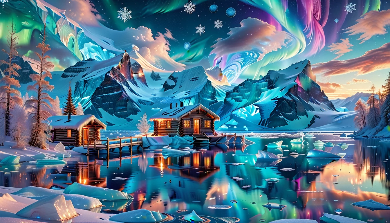 A Masterpiece In 32K Resolution, Supreme Quality, Super Detail, Official Art, Very High-Resolution 32K Wallpaper, Icy And Enigmatic, Ultra-Detailed Features, Winter Wonderland. Towering Icebergs Rise Majestically From A Serene, Frozen Lake, Reflecting The Dazzling Colors Of The Northern Lights Above. Snowflakes Swirl Through The Air, While A Cozy Cabin With Smoke Curling From Its Chimney Sits Nestled Among Snow-Covered Pines. In The Distance, Ancient Glaciers Shimmer Under The Moonlight, Creating A Magical Ambiance.