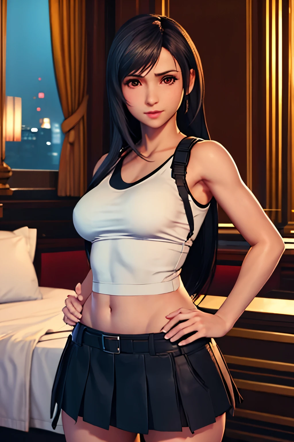 (masterpiece), (High quality), (Realistic 1.5),Tifa, Put your hands on your waist,Standing up,beautiful,Detailed face,looking at viewer,Hotel,skirt,Embarrassed