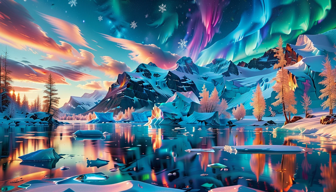 A Masterpiece In 32K Resolution, Supreme Quality, Super Detail, Official Art, Very High-Resolution 32K Wallpaper, Icy And Enigmatic, Ultra-Detailed Features, Winter Wonderland. Towering Icebergs Rise Majestically From A Serene, Frozen Lake, Reflecting The Dazzling Colors Of The Northern Lights Above. Snowflakes Swirl Through The Air, While A Cozy Cabin With Smoke Curling From Its Chimney Sits Nestled Among Snow-Covered Pines. In The Distance, Ancient Glaciers Shimmer Under The Moonlight, Creating A Magical Ambiance.