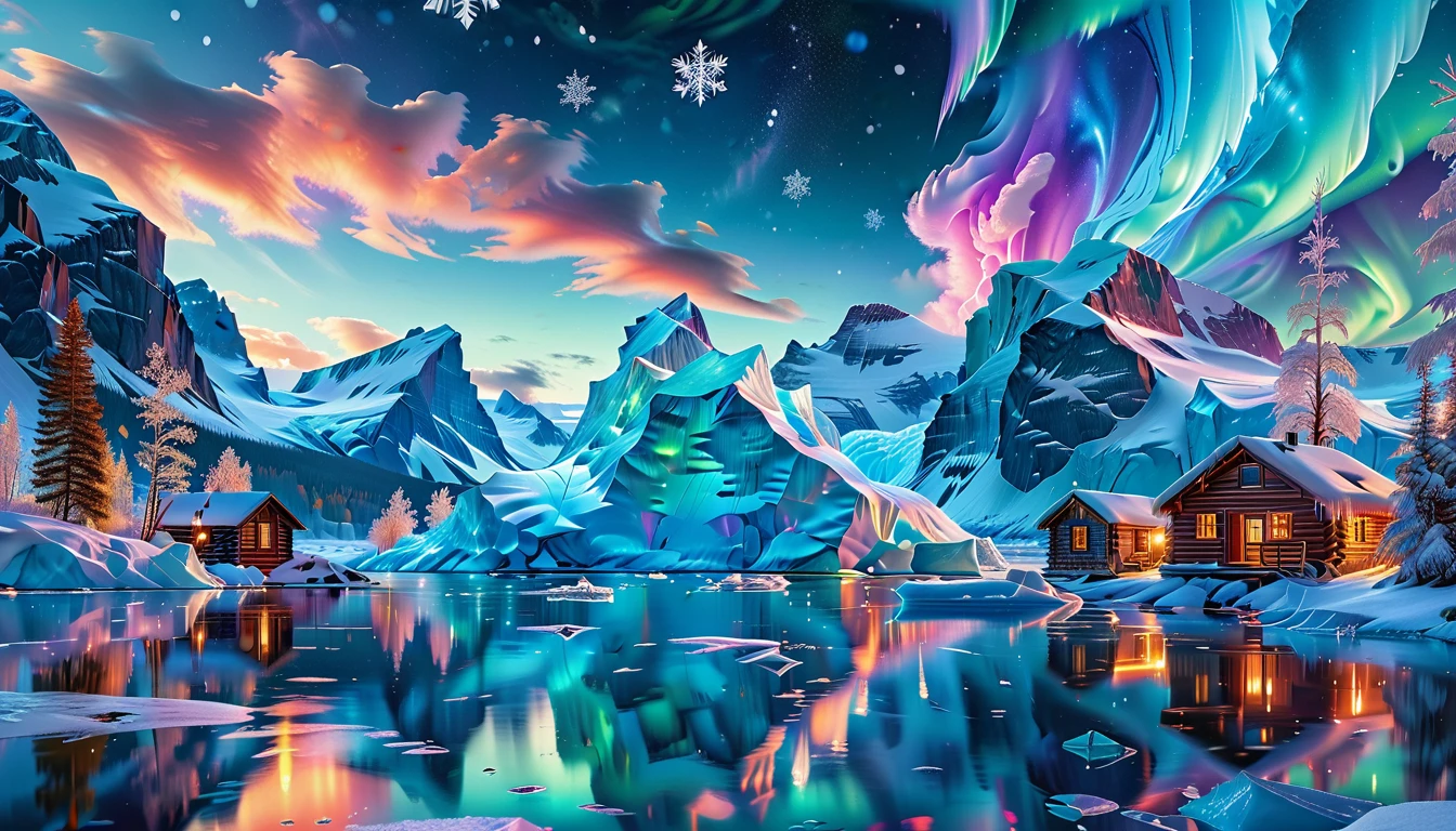 A Masterpiece In 32K Resolution, Supreme Quality, Super Detail, Official Art, Very High-Resolution 32K Wallpaper, Icy And Enigmatic, Ultra-Detailed Features, Winter Wonderland. Towering Icebergs Rise Majestically From A Serene, Frozen Lake, Reflecting The Dazzling Colors Of The Northern Lights Above. Snowflakes Swirl Through The Air, While A Cozy Cabin With Smoke Curling From Its Chimney Sits Nestled Among Snow-Covered Pines. In The Distance, Ancient Glaciers Shimmer Under The Moonlight, Creating A Magical Ambiance.