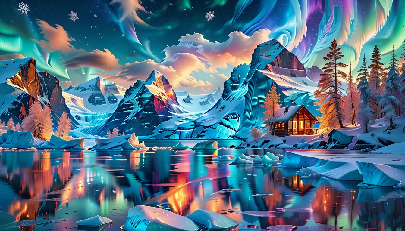 A Masterpiece In 32K Resolution, Supreme Quality, Super Detail, Official Art, Very High-Resolution 32K Wallpaper, Icy And Enigmatic, Ultra-Detailed Features, Winter Wonderland. Towering Icebergs Rise Majestically From A Serene, Frozen Lake, Reflecting The Dazzling Colors Of The Northern Lights Above. Snowflakes Swirl Through The Air, While A Cozy Cabin With Smoke Curling From Its Chimney Sits Nestled Among Snow-Covered Pines. In The Distance, Ancient Glaciers Shimmer Under The Moonlight, Creating A Magical Ambiance.