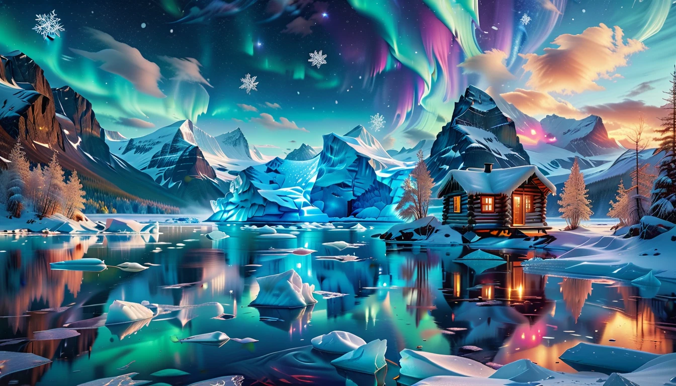 A Masterpiece In 32K Resolution, Supreme Quality, Super Detail, Official Art, Very High-Resolution 32K Wallpaper, Icy And Enigmatic, Ultra-Detailed Features, Winter Wonderland. Towering Icebergs Rise Majestically From A Serene, Frozen Lake, Reflecting The Dazzling Colors Of The Northern Lights Above. Snowflakes Swirl Through The Air, While A Cozy Cabin With Smoke Curling From Its Chimney Sits Nestled Among Snow-Covered Pines. In The Distance, Ancient Glaciers Shimmer Under The Moonlight, Creating A Magical Ambiance.