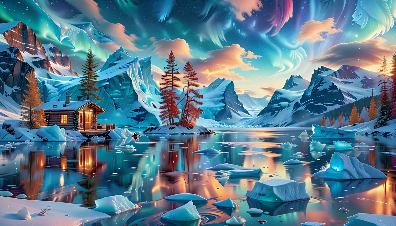 A Masterpiece In 32K Resolution, Supreme Quality, Super Detail, Official Art, Very High-Resolution 32K Wallpaper, Icy And Enigmatic, Ultra-Detailed Features, Winter Wonderland. Towering Icebergs Rise Majestically From A Serene, Frozen Lake, Reflecting The Dazzling Colors Of The Northern Lights Above. Snowflakes Swirl Through The Air, While A Cozy Cabin With Smoke Curling From Its Chimney Sits Nestled Among Snow-Covered Pines. In The Distance, Ancient Glaciers Shimmer Under The Moonlight, Creating A Magical Ambiance.