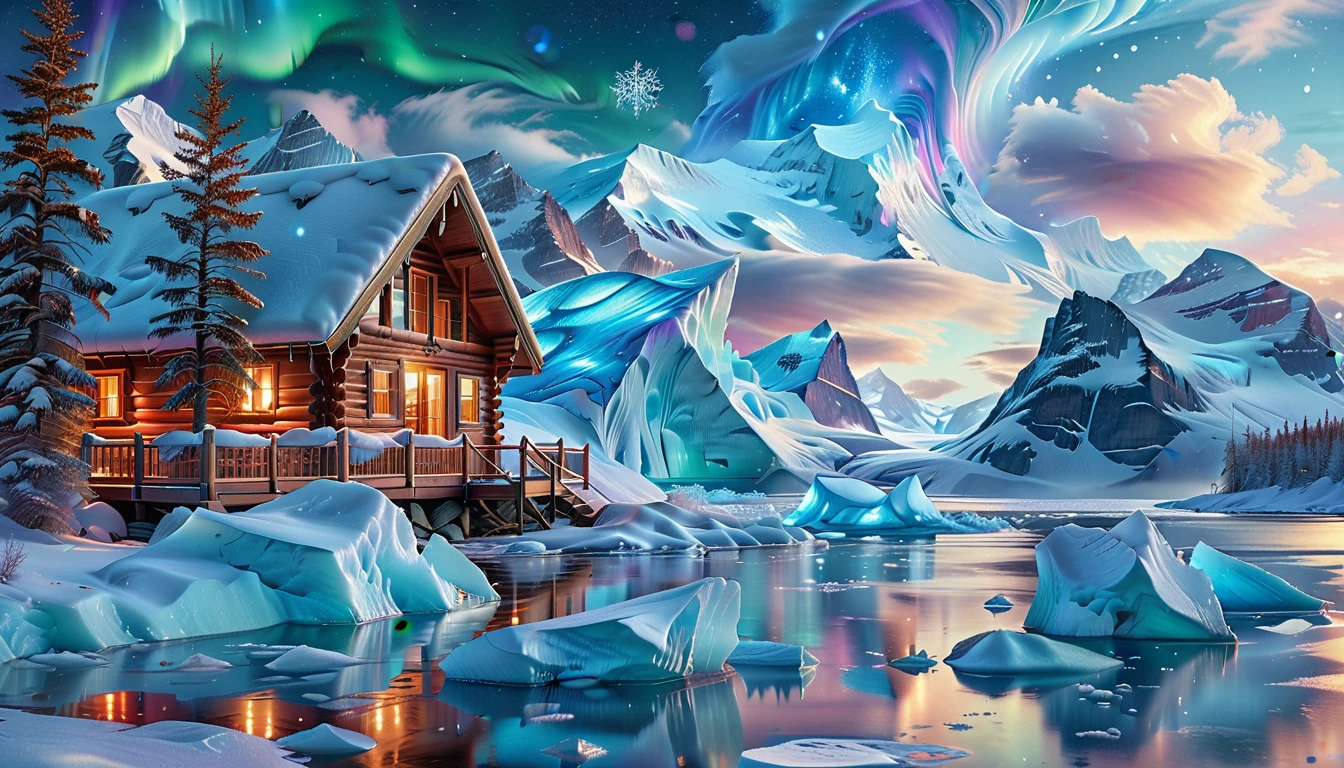 A Masterpiece In 32K Resolution, Supreme Quality, Super Detail, Official Art, Very High-Resolution 32K Wallpaper, Icy And Enigmatic, Ultra-Detailed Features, Winter Wonderland. Towering Icebergs Rise Majestically From A Serene, Frozen Lake, Reflecting The Dazzling Colors Of The Northern Lights Above. Snowflakes Swirl Through The Air, While A Cozy Cabin With Smoke Curling From Its Chimney Sits Nestled Among Snow-Covered Pines. In The Distance, Ancient Glaciers Shimmer Under The Moonlight, Creating A Magical Ambiance.