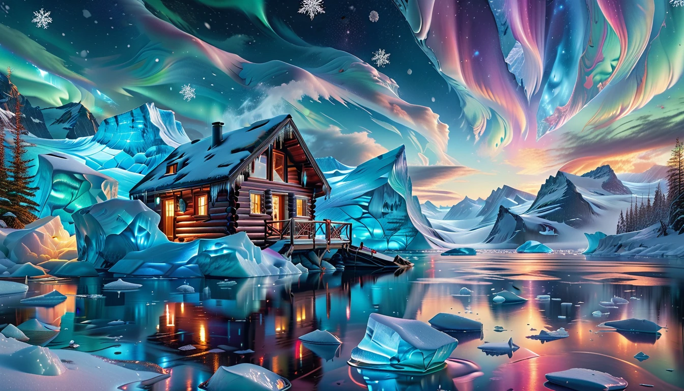 A Masterpiece In 32K Resolution, Supreme Quality, Super Detail, Official Art, Very High-Resolution 32K Wallpaper, Icy And Enigmatic, Ultra-Detailed Features, Winter Wonderland. Towering Icebergs Rise Majestically From A Serene, Frozen Lake, Reflecting The Dazzling Colors Of The Northern Lights Above. Snowflakes Swirl Through The Air, While A Cozy Cabin With Smoke Curling From Its Chimney Sits Nestled Among Snow-Covered Pines. In The Distance, Ancient Glaciers Shimmer Under The Moonlight, Creating A Magical Ambiance.