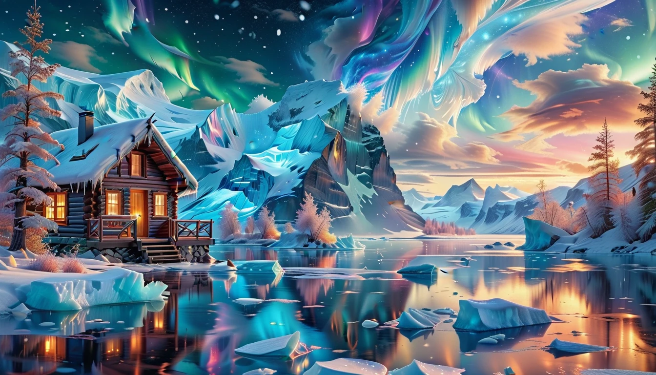 A Masterpiece In 32K Resolution, Supreme Quality, Super Detail, Official Art, Very High-Resolution 32K Wallpaper, Icy And Enigmatic, Ultra-Detailed Features, Winter Wonderland. Towering Icebergs Rise Majestically From A Serene, Frozen Lake, Reflecting The Dazzling Colors Of The Northern Lights Above. Snowflakes Swirl Through The Air, While A Cozy Cabin With Smoke Curling From Its Chimney Sits Nestled Among Snow-Covered Pines. In The Distance, Ancient Glaciers Shimmer Under The Moonlight, Creating A Magical Ambiance.