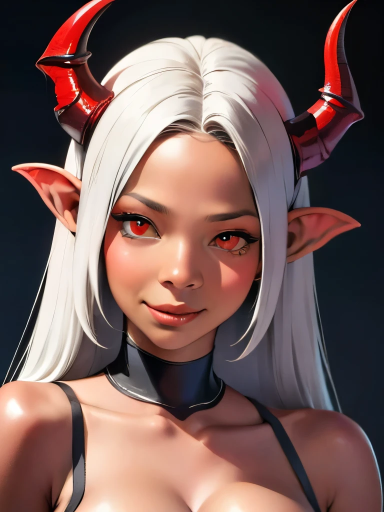 Shemale oni, tall, muscular, red skin, white hair, horns, large breasts,