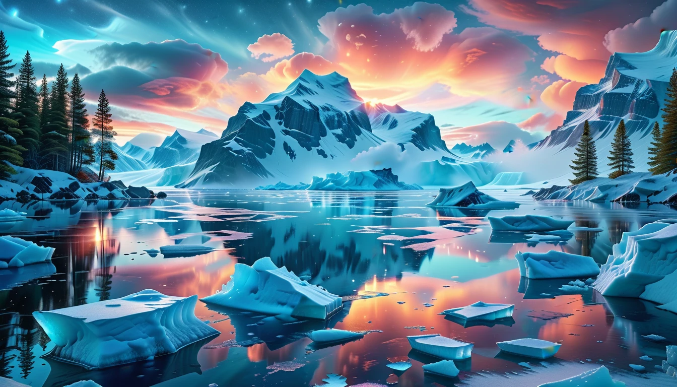 A Masterpiece In 32K Resolution, Supreme Quality, Super Detail, Official Art, Very High-Resolution 32K Wallpaper, Icy And Enigmatic, Ultra-Detailed Features, Winter Wonderland. Towering Icebergs Rise Majestically From A Serene, Frozen Lake, Reflecting The Dazzling Colors Of The Northern Lights Above. Snowflakes Swirl Through The Air, While A Cozy Cabin With Smoke Curling From Its Chimney Sits Nestled Among Snow-Covered Pines. In The Distance, Ancient Glaciers Shimmer Under The Moonlight, Creating A Magical Ambiance.