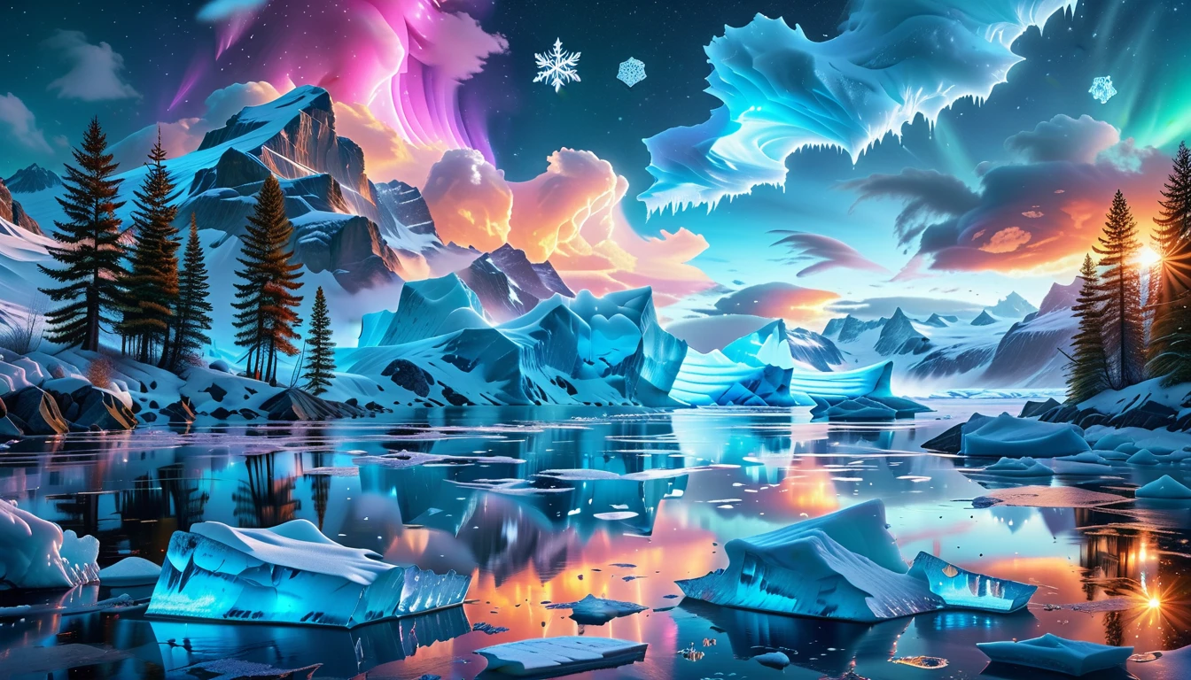 A Masterpiece In 32K Resolution, Supreme Quality, Super Detail, Official Art, Very High-Resolution 32K Wallpaper, Icy And Enigmatic, Ultra-Detailed Features, Winter Wonderland. Towering Icebergs Rise Majestically From A Serene, Frozen Lake, Reflecting The Dazzling Colors Of The Northern Lights Above. Snowflakes Swirl Through The Air, While A Cozy Cabin With Smoke Curling From Its Chimney Sits Nestled Among Snow-Covered Pines. In The Distance, Ancient Glaciers Shimmer Under The Moonlight, Creating A Magical Ambiance.