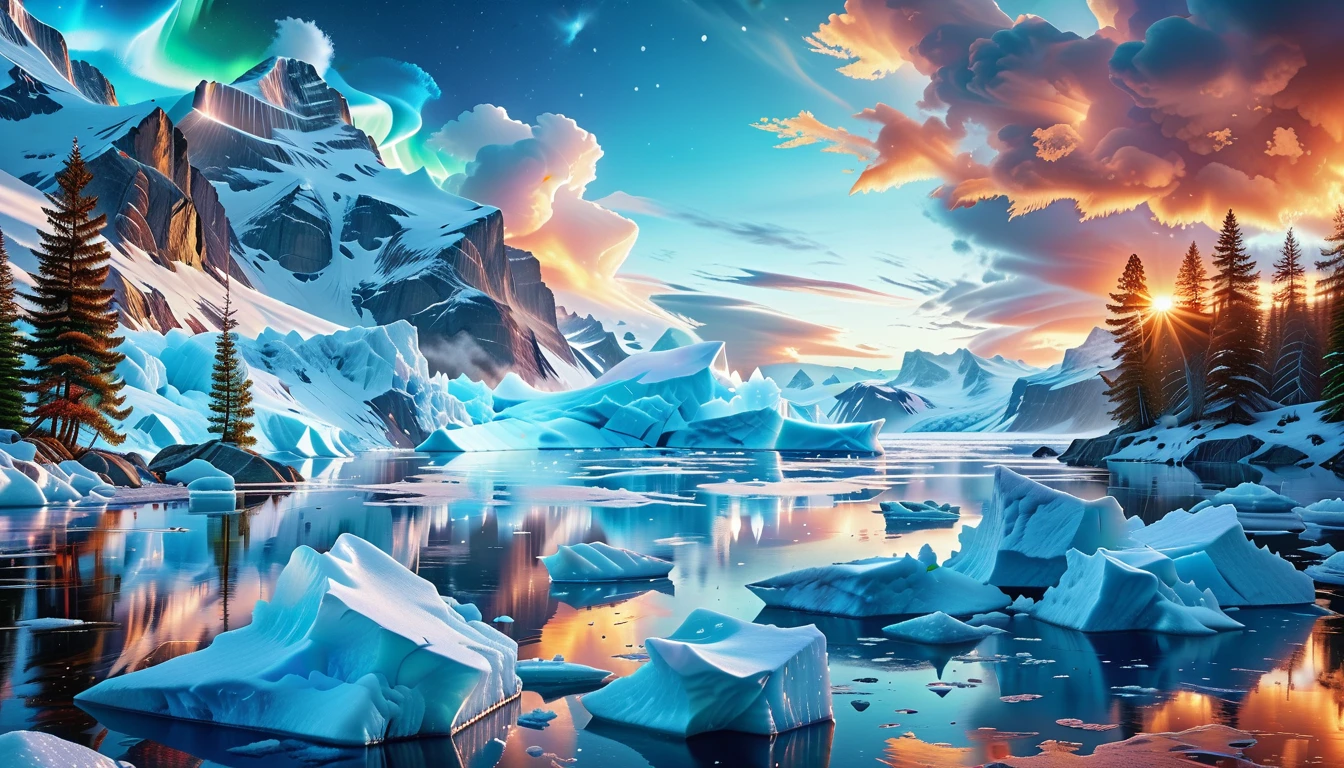 A Masterpiece In 32K Resolution, Supreme Quality, Super Detail, Official Art, Very High-Resolution 32K Wallpaper, Icy And Enigmatic, Ultra-Detailed Features, Winter Wonderland. Towering Icebergs Rise Majestically From A Serene, Frozen Lake, Reflecting The Dazzling Colors Of The Northern Lights Above. Snowflakes Swirl Through The Air, While A Cozy Cabin With Smoke Curling From Its Chimney Sits Nestled Among Snow-Covered Pines. In The Distance, Ancient Glaciers Shimmer Under The Moonlight, Creating A Magical Ambiance.